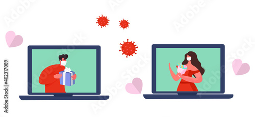 Valentine's day Celebration during Quarantine in Coronavirus. Couple Stay Home in medical Masks. 14 February. Romantic Dating.Romantic Kiss. Covid 19. Protect Yourself. Flat Vector Illustration