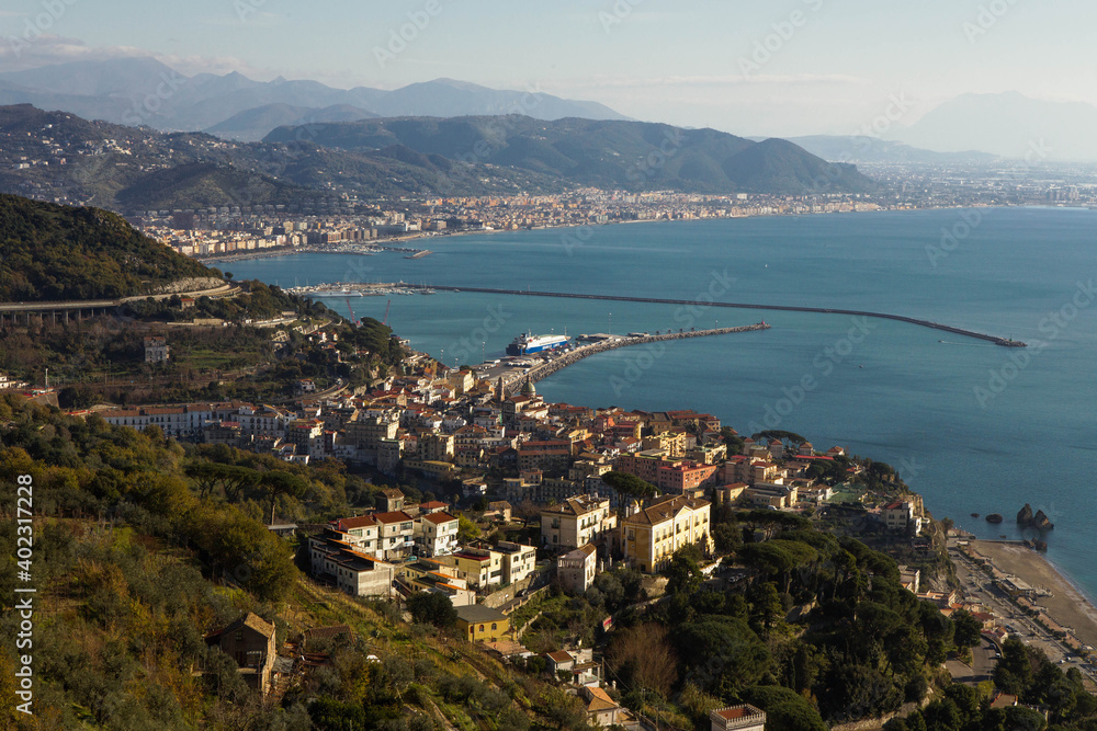 Top view of Vietri sul mare, the firt mediterranean town on the Amalfi coast, in the background the gulf of  Salerno city, famous port of southern italy.