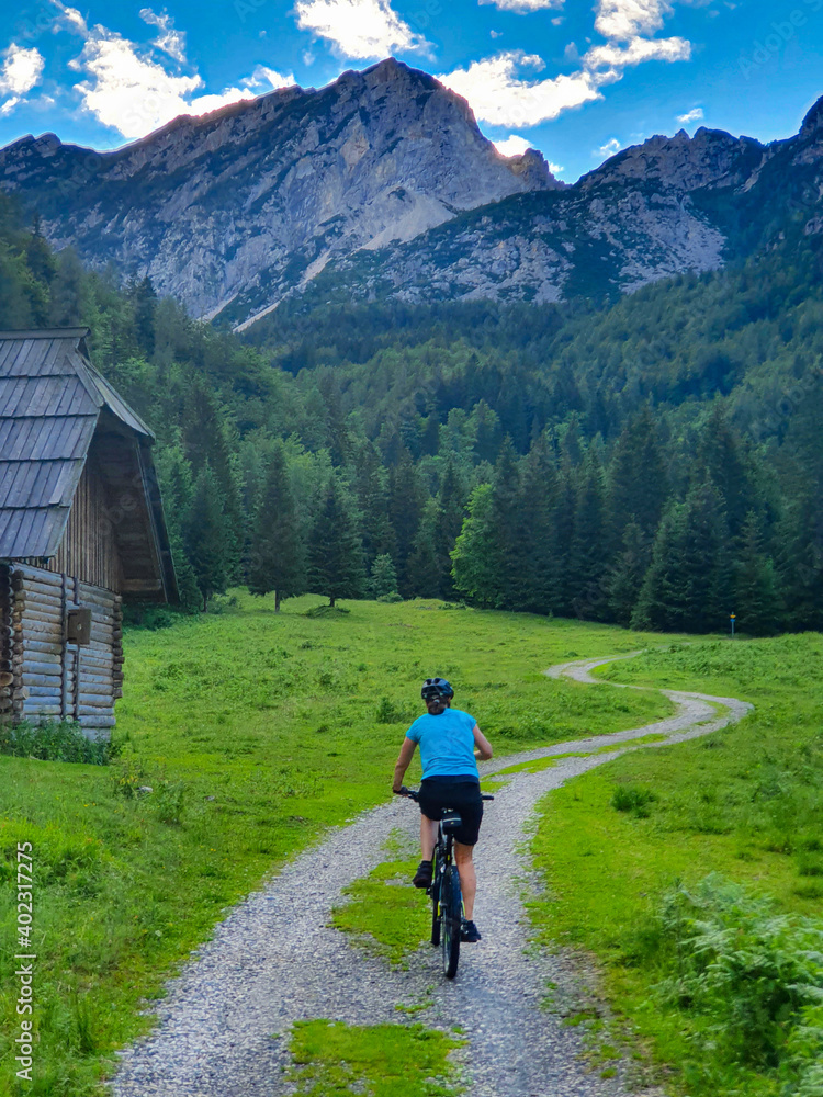 VERTICAL: Unrecognizable woman rides a mountain bicycle along scenic hiking path