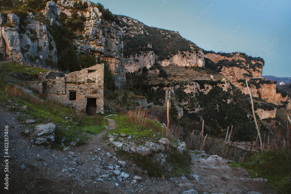 Amalfi Coast, campania, region of Campania, ruins of a house at dusk along the spectacular the path of the gods (Sentiero Degli Dei), southern Italy.