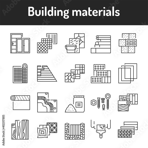 Building materials color line icons set. Pictograms for web page, mobile app, promo.