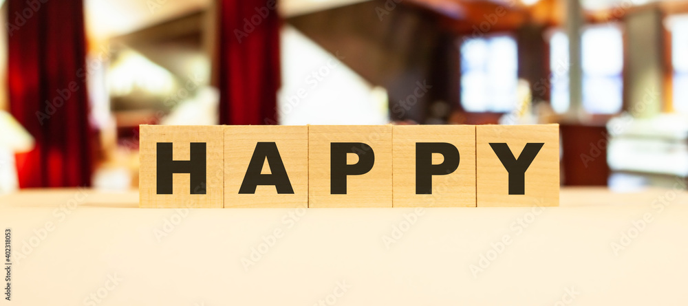 Happy against the background of a red rich interior. Wooden cubes with text.