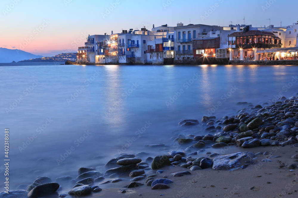 Obraz premium Blue hour at Mykonos island. The houses at the background is the district called Little Venice, for obvious reasons. Mykonos island, Greece, Europe