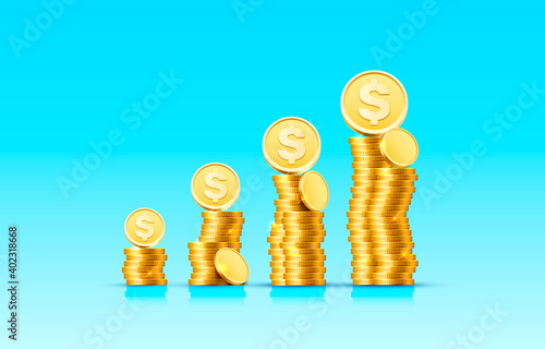 Stacks of increasing coins gold coins on blue background. Vector