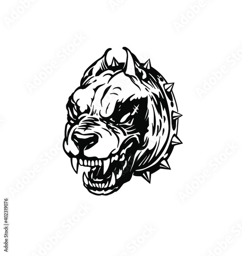 Angry Pitbull. American staffordshire terrier, pitbull dog. T-shirt print design, vector illustration, tattoo design. Dog vector illustration. Beware of dog and angry dog warning sign.