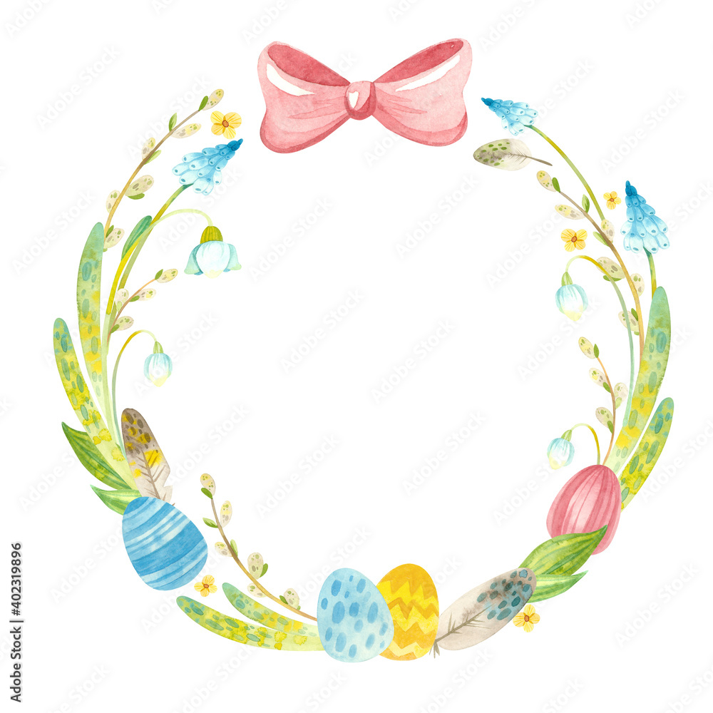 Obraz premium Spring wreath with Easter eggs, pussy willow, feathers and flowers. Easter themed template for postcards, posters, banners. Watercolor clipart on white background