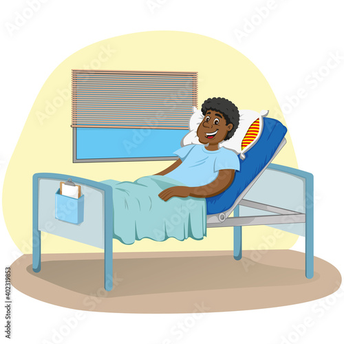 Mascot man of African descent bedridden in a hospital room. Ideal for informational and institutional related to medicine