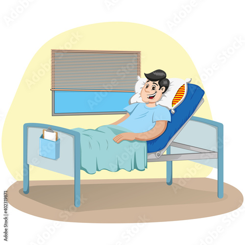 Mascot Caucasian man bedridden in a hospital room. Ideal for informational and institutional related to medicine