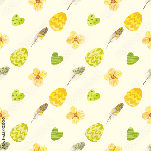 Fototapeta Naklejka Na Ścianę i Meble -  Spring seamless pattern. Template with Easter eggs, flowers and feathers. Watercolor clipart on yellow background