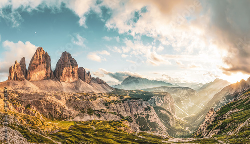 Panoramic view of sunset in Dolomites, Tre cime di Lavaredo, Italy