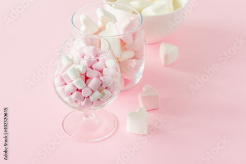 marshmallow heart shape and mini with love concept on pink background