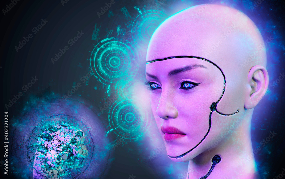 Female robot face and hand Female robot face and hand