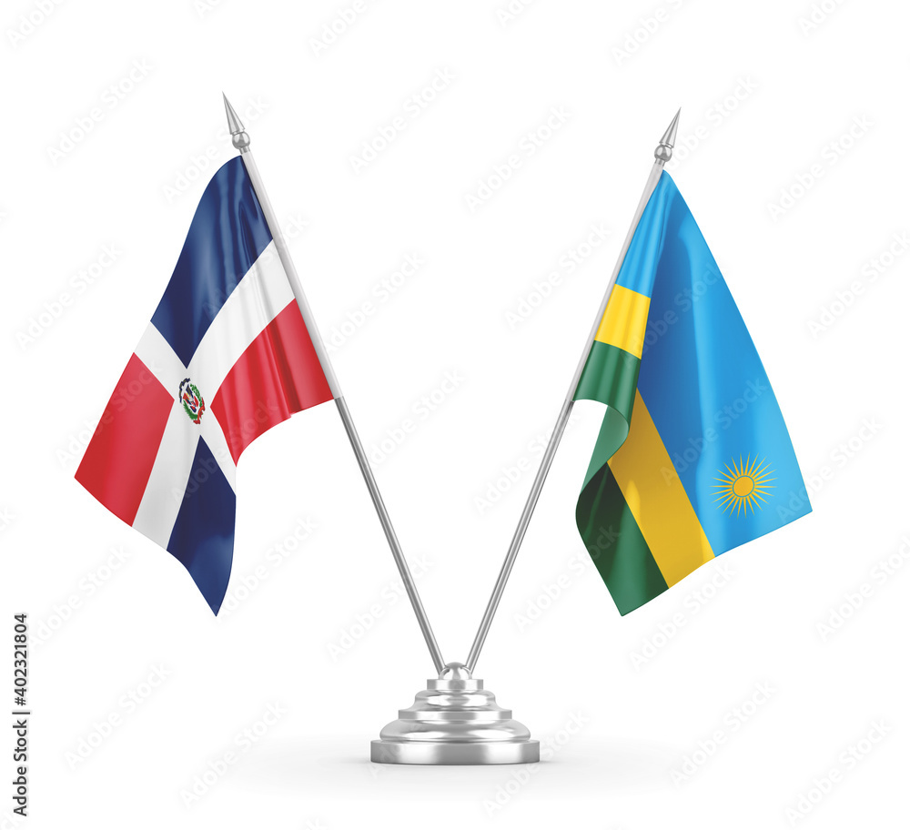 Rwanda and Dominican Republic table flags isolated on white 3D rendering