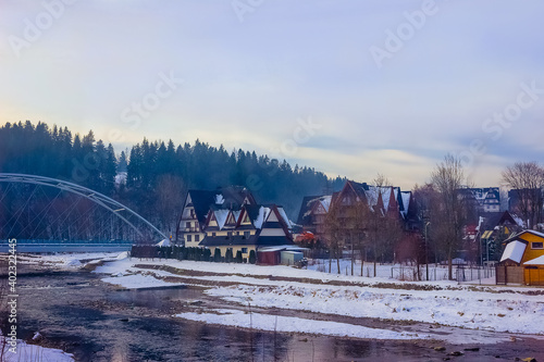 Spectacular view to the Tatra mountains from the car bridge. Zakopane, Poland