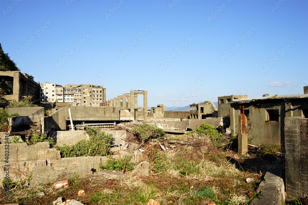 Abandoned Industrial houses and buildings of Gunkanjima or Battleship island, Ghost Island in Nagasaki, Japan - 長崎 軍艦島
