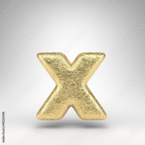 Letter X lowercase on white background. Creased golden foil 3D letter with gloss metal texture. photo