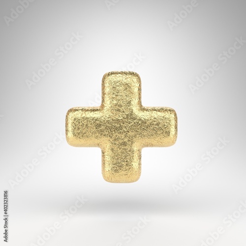 Plus symbol on white background. Creased golden foil 3D sign with gloss metal texture.