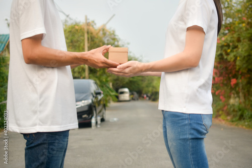 People giving giftbox concept happy new year, Valentine's day, Man giving giftbox to women