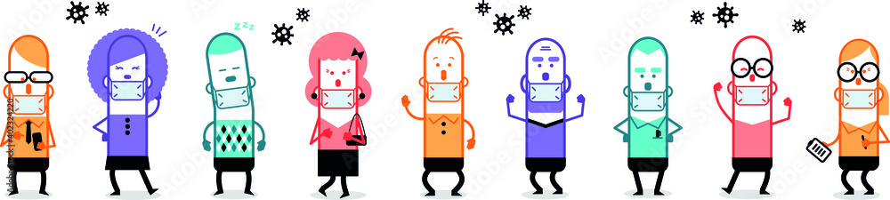 A colorful set of various characters wearing mask to be protected from a virus. Illustration of people with masks standing in different poses. A colorful set of various characters wearing mask to be protected from a virus. Illustration of people with masks standing in different poses.