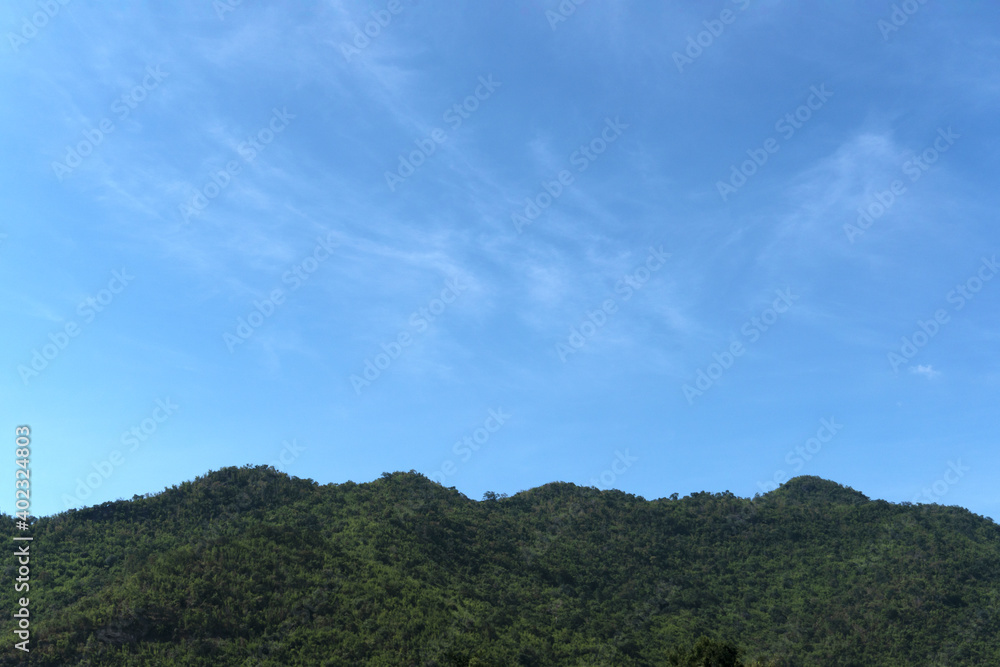 Landscape of the national park near the dam with mountains over the blue sky with clouds, in natural rural area holiday concept