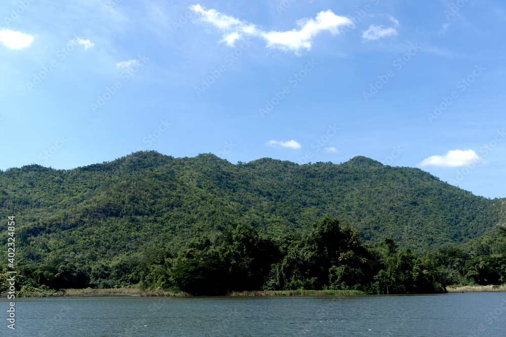 Landscape of the mountains with blue sky clouds in the background, natural national park in holiday concept