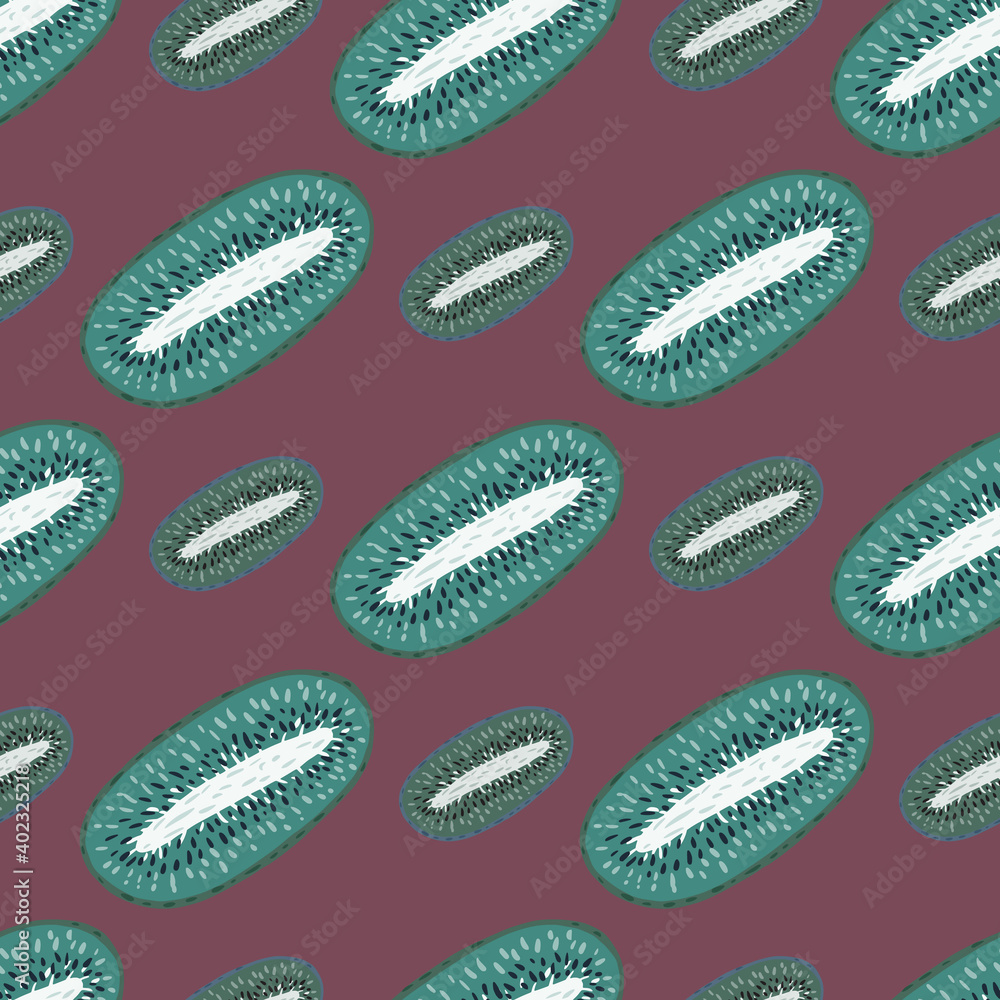 Seamless vitamin creative pattern with turquoise colored kiwi shapes. Purple background. Seamless vitamin creative pattern with turquoise colored kiwi shapes. Purple background.