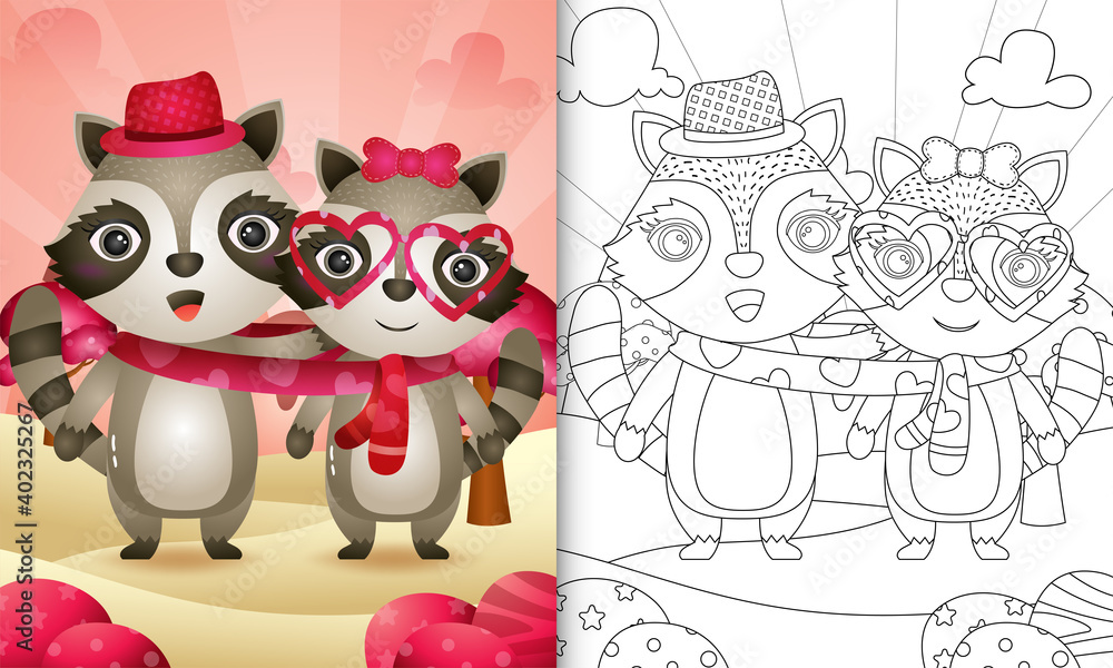coloring book for kids with Cute valentine's day raccoon couple illustrated