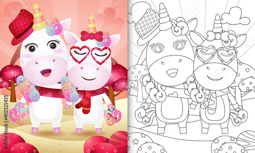 coloring book for kids with Cute valentine's day unicorn couple illustrated © riko_design