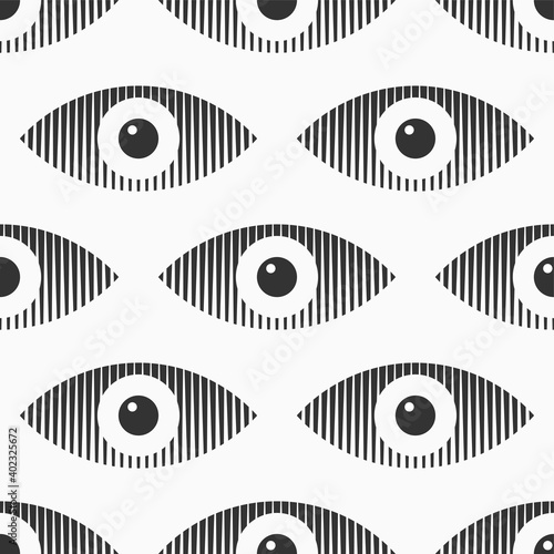 Abstract seamless eyes pattern. Stylized eye shapes with vertical stripes. Vector monochrome illustration.