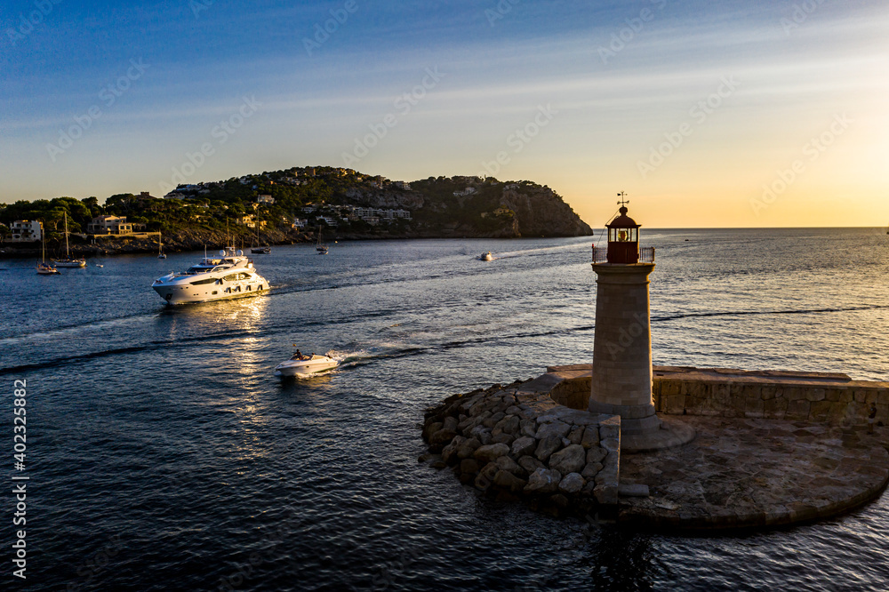 Aerial view, Andratx, Port d'Andratx, coast and natural harbor at dusk, Malloca, Balearic Islands, Spain Aerial view, Andratx, Port d'Andratx, coast and natural harbor at dusk, Malloca, Balearic Islands, Spain