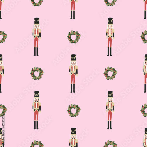 vector seamless pattern with nutcracker and new year wreath