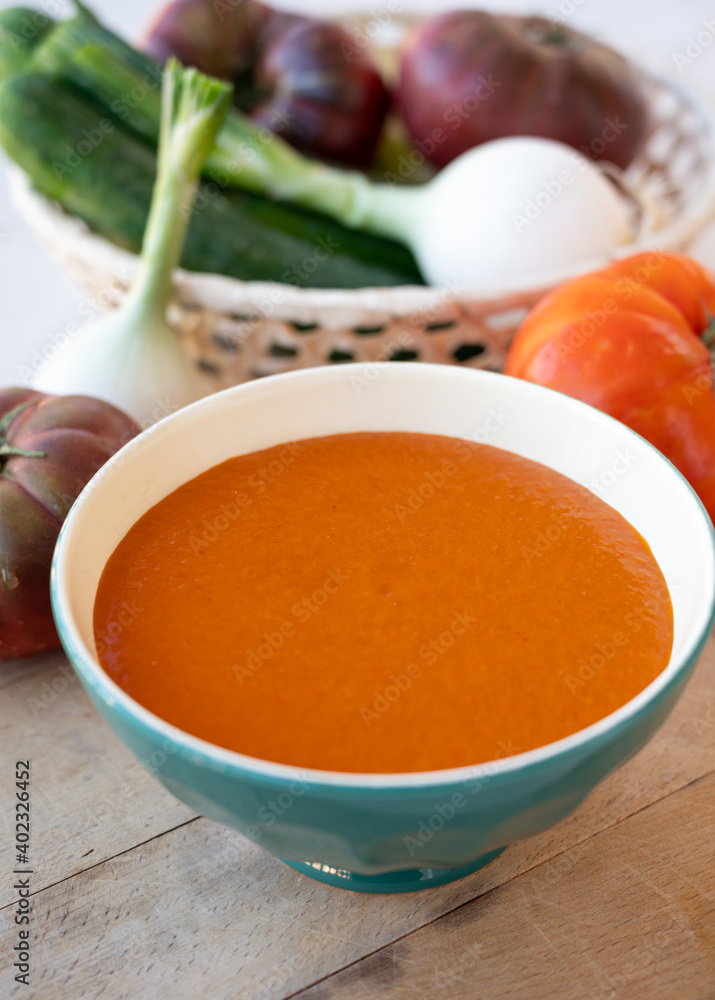 Spanish summer vegetables cold gazpacho blended soup made from tomatoes, cucumbers, onion, raw healthy vegan food Spanish summer vegetables cold gazpacho blended soup made from tomatoes, cucumbers, onion, raw healthy vegan food