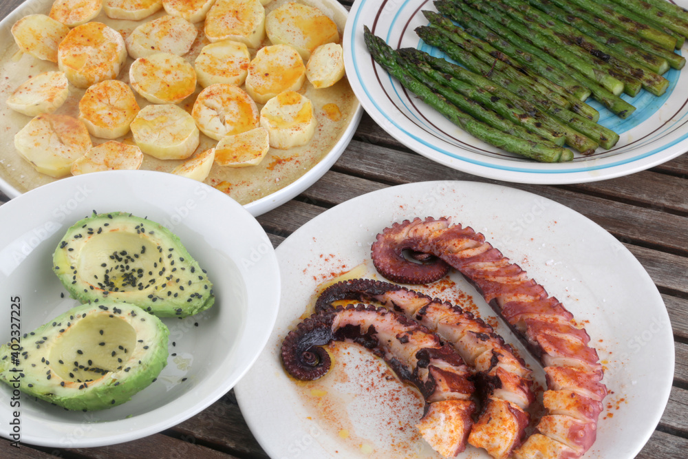 grilled octopus green asparagus avocado and potatoes with red paprika grilled octopus green asparagus avocado and potatoes with red paprika