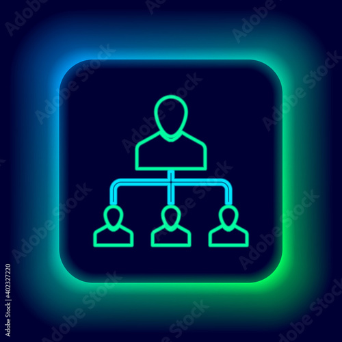 Glowing neon line Referral marketing icon isolated on black background. Network marketing, business partnership, referral program strategy. Colorful outline concept. Vector.