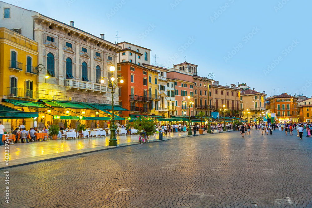 Piazza Bra in Verona in sunset with open restaurants
