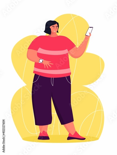 A young obese woman in fashion cloth. A girl wants to get rid of belly fat.