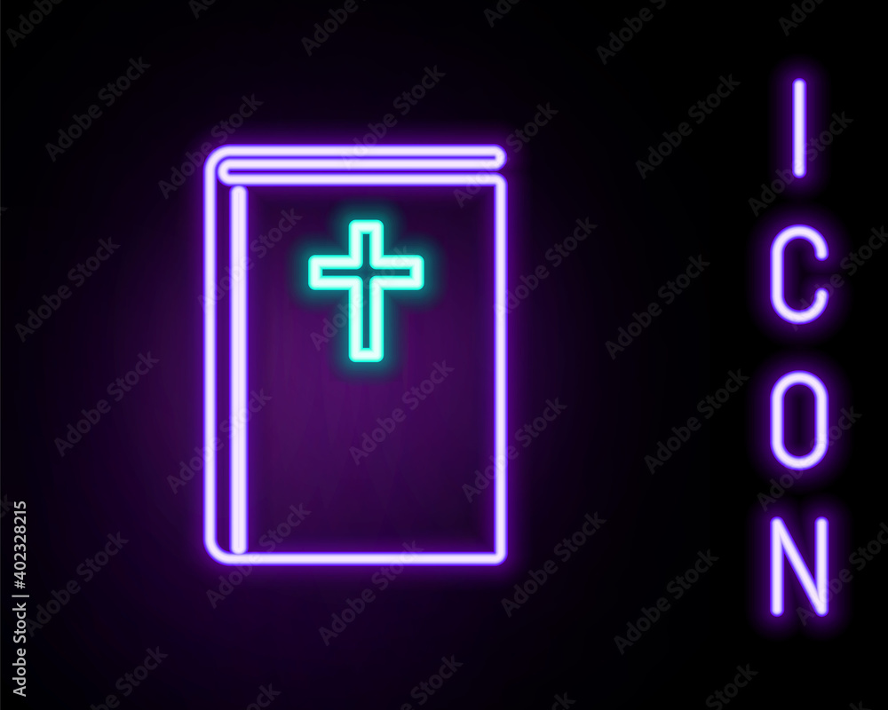 Fototapeta premium Glowing neon line Holy bible book icon isolated on black background. Colorful outline concept. Vector.