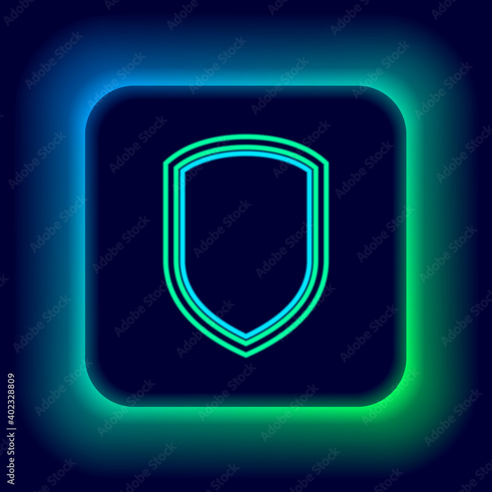 Glowing neon line Shield icon isolated on black background. Guard sign. Colorful outline concept. Vector. Glowing neon line Shield icon isolated on black background. Guard sign. Colorful outline concept. Vector.