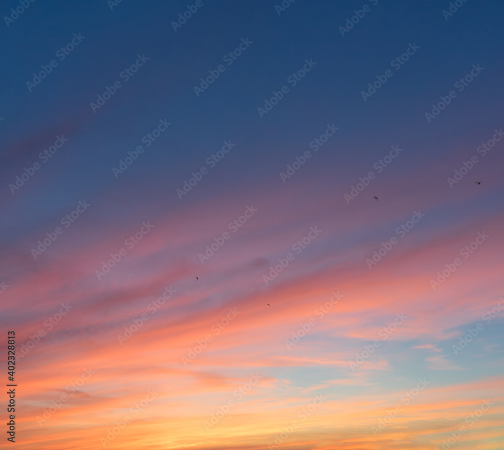 Magical sunset sky with orange clouds and blue colors