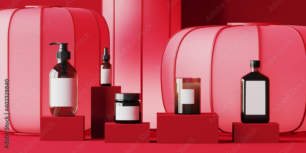 Minimal abstract product background for Chinese new year concept. Cosmetic bottle and red lantern on red background. 3d render illustration. Clipping path of each element included. Minimal abstract product background for Chinese new year concept. Cosmetic bottle and red lantern on red background. 3d render illustration. Clipping path of each element included.