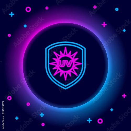 Glowing neon line UV protection icon isolated on black background. Ultra violet rays radiation. SPF sun sign. Colorful outline concept. Vector.