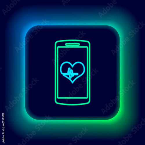 Glowing neon line Smartphone with free wi-fi wireless connection icon isolated on black background. Wireless technology, network, hotspot concepts. Colorful outline concept. Vector.