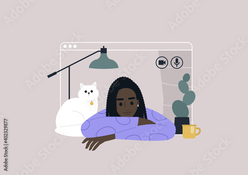Video call frame, working from home concept, social distancing, a young Black female character using online technologies to connect with friends, family, or colleagues