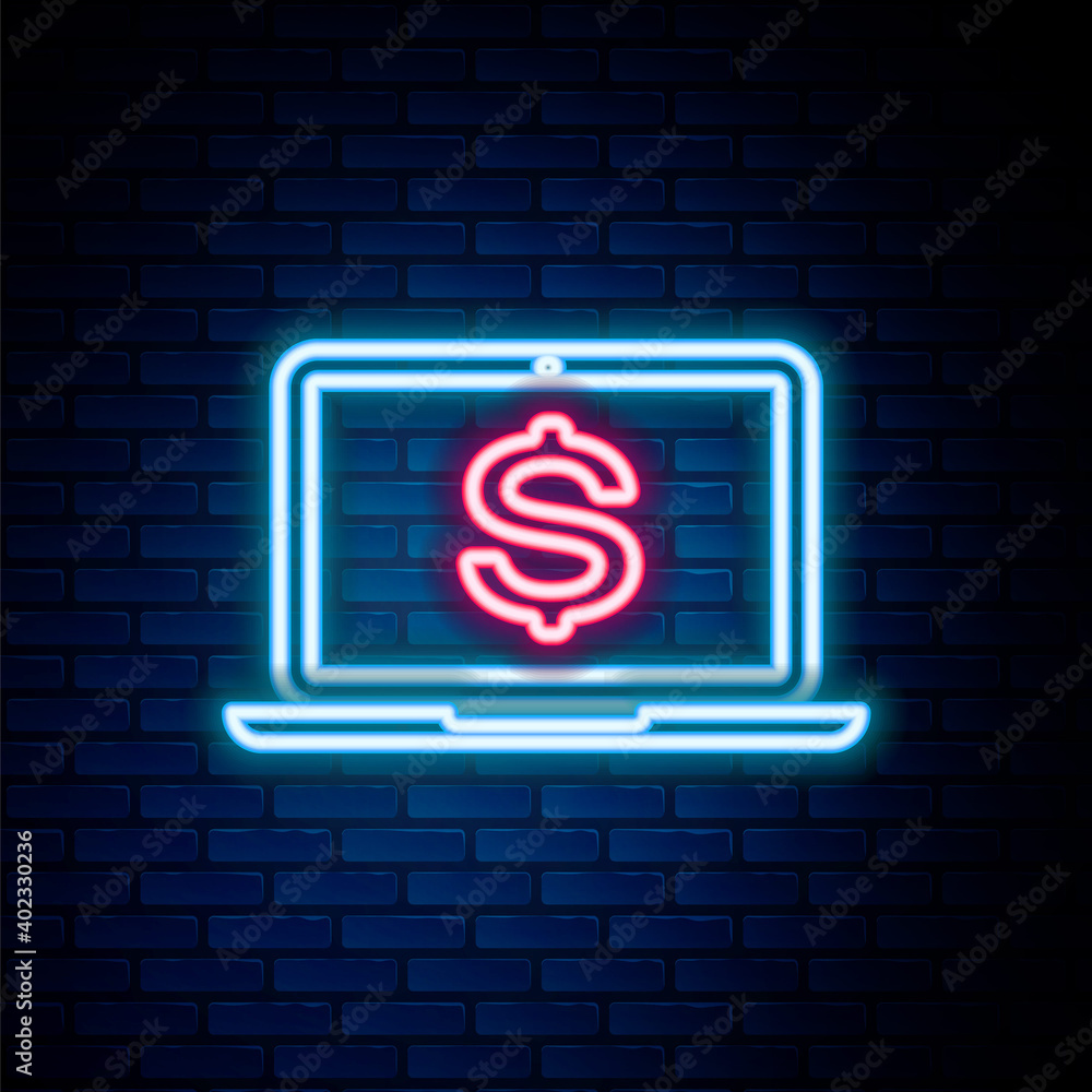 Glowing neon line Laptop with dollar symbol icon isolated on brick wall background. Online shopping concept. Economy concept. Colorful outline concept. Vector. Glowing neon line Laptop with dollar symbol icon isolated on brick wall background. Online shopping concept. Economy concept. Colorful outline concept. Vector.