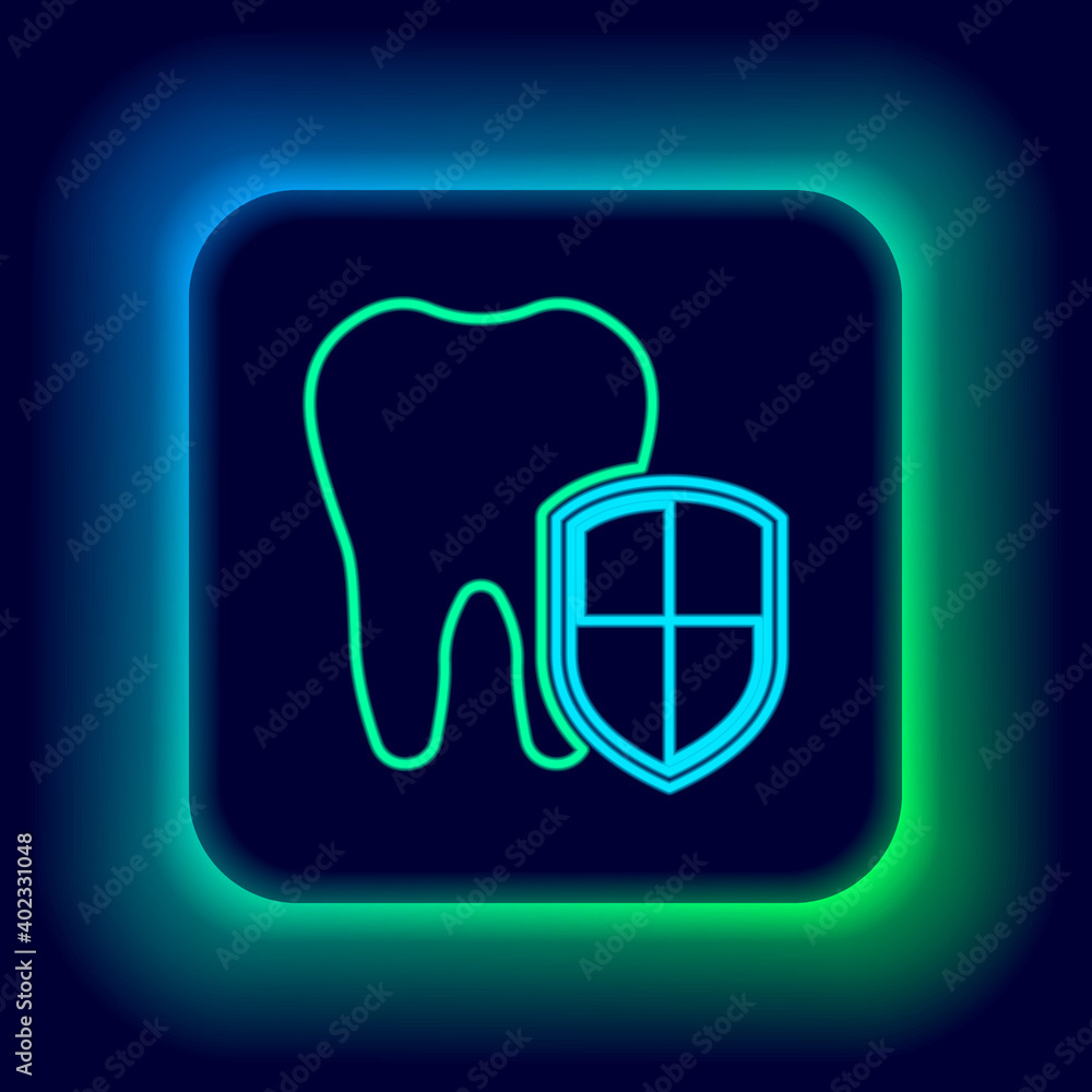 Glowing neon line Dental protection icon isolated on black background. Tooth on shield logo. Colorful outline concept. Vector.