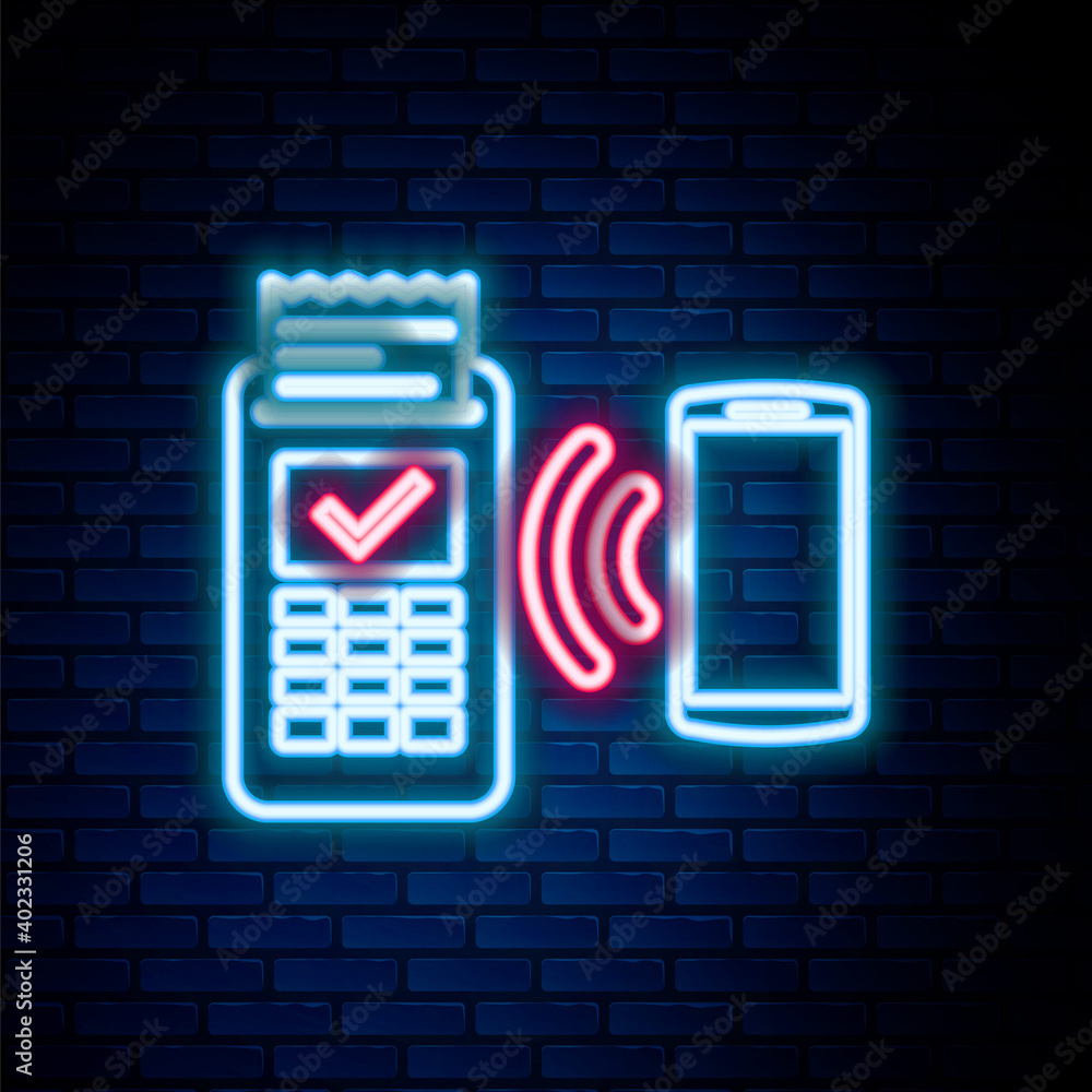 Glowing neon line POS terminal with printed reciept and confirms the payment by smartphone icon isolated on brick wall background. NFC payment concept. Colorful outline concept. Vector. Glowing neon line POS terminal with printed reciept and confirms the payment by smartphone icon isolated on brick wall background. NFC payment concept. Colorful outline concept. Vector.