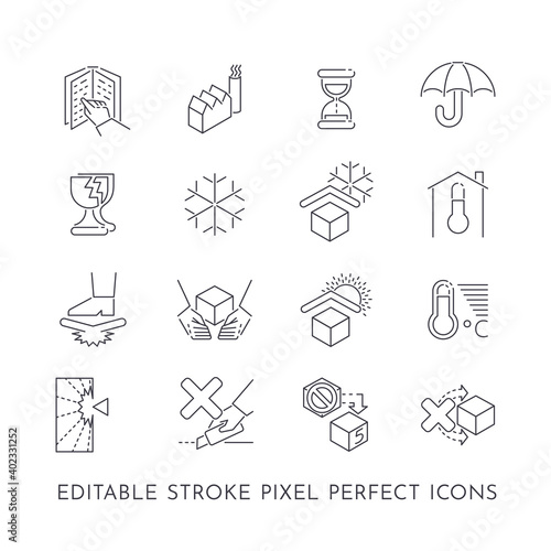 Set of 16 editable stroke pixel perfect icons for product care