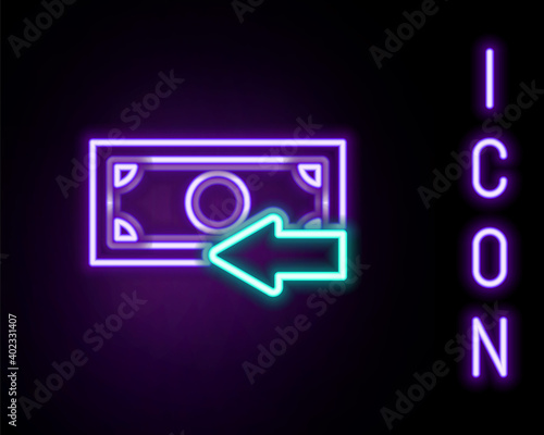 Glowing neon line Cash back icon isolated on black background. Financial services, money refund, return on investment, savings account, currency exchange. Colorful outline concept. Vector.