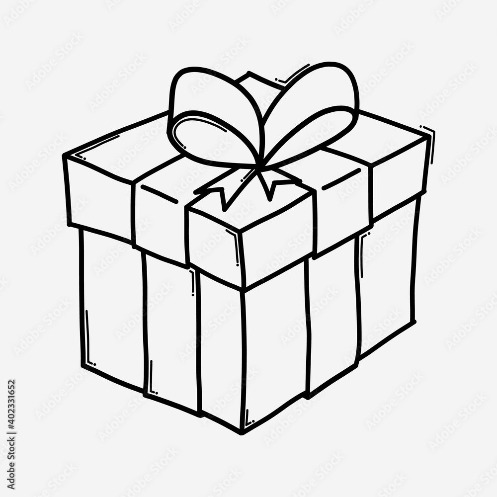 Obraz premium Gift box doodle vector icon. Drawing sketch illustration hand drawn line eps10