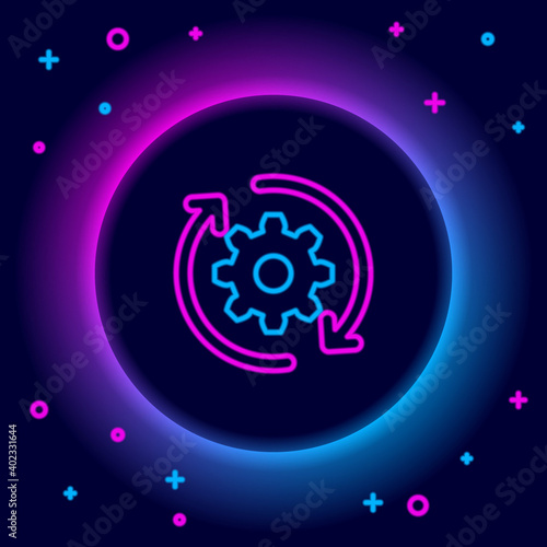 Glowing neon line Gear and arrows as workflow concept icon isolated on black background. Gear reload sign. Colorful outline concept. Vector.